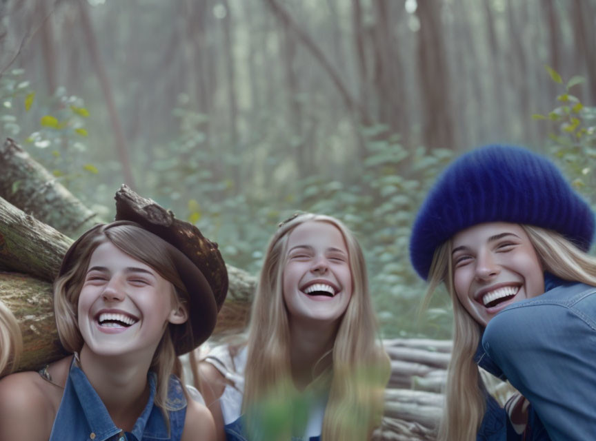 Three individuals laughing outdoors with forest background, two wearing hats.