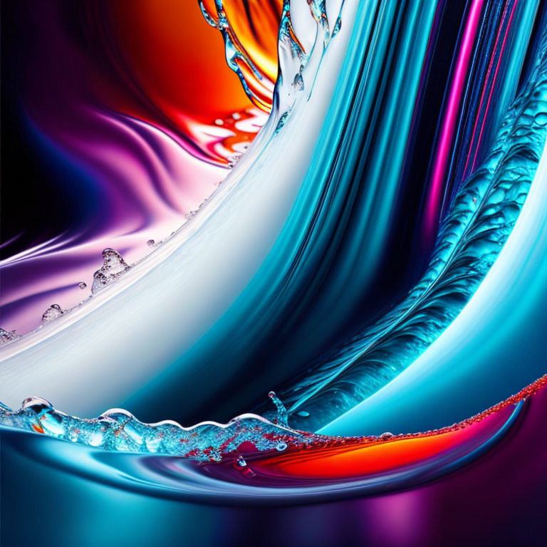 Vibrant abstract art: Colorful swirls with water droplets and reflective surfaces