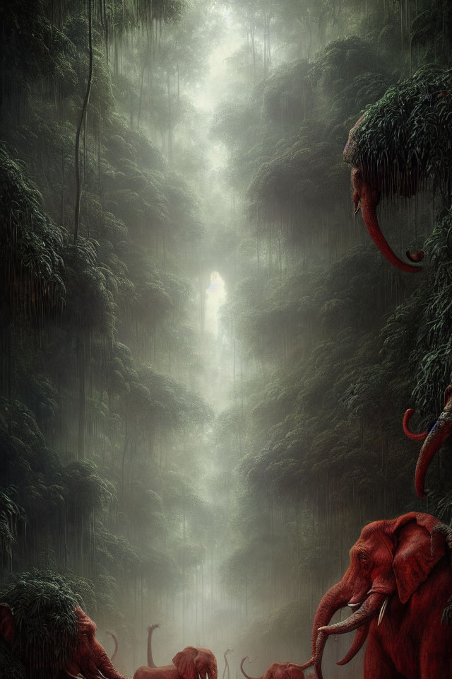 Mystical forest with fog, towering trees, and red elephants in dense green foliage