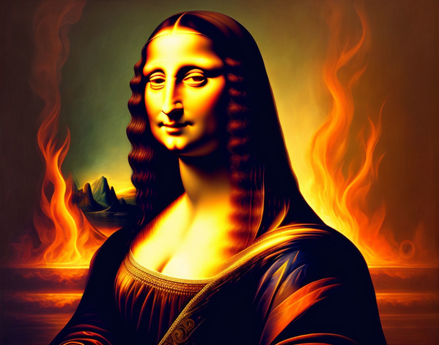 Stylized Mona Lisa portrait with warm colors and flames on amber background.