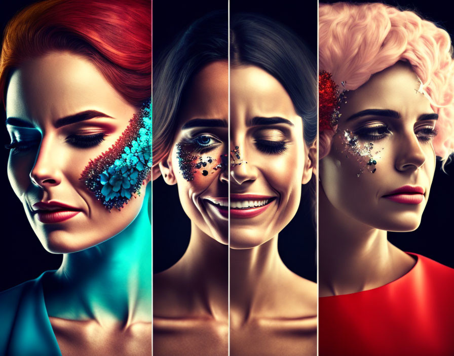 Four portraits of a woman with dramatic makeup and colorful lighting displaying diverse emotions.