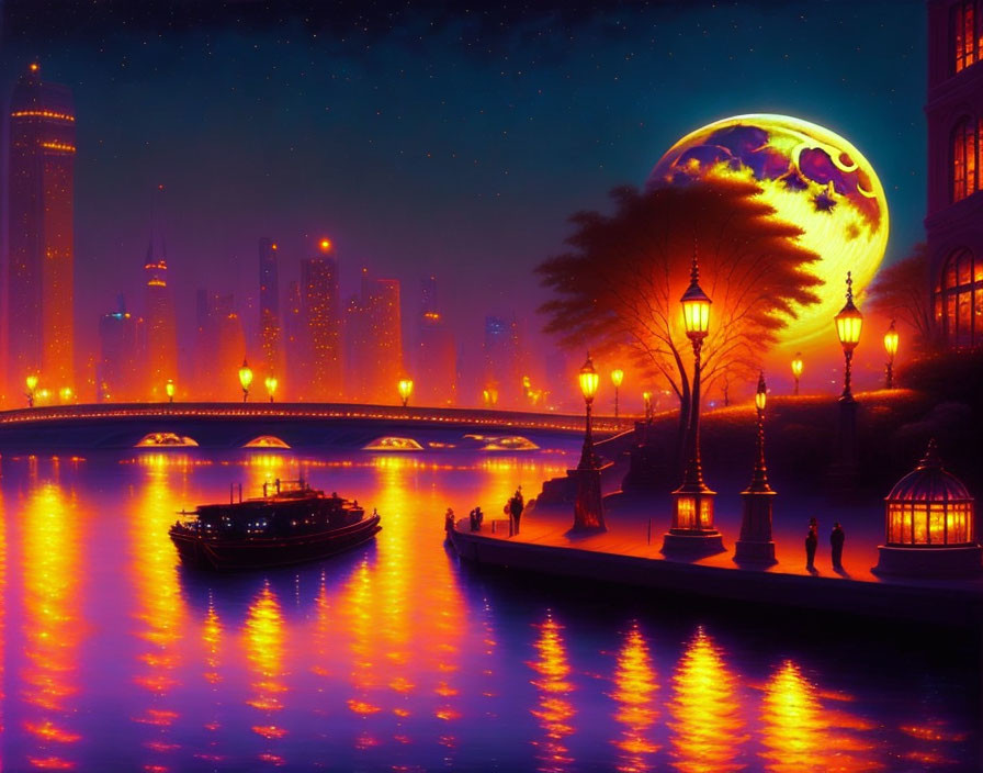 Night Cityscape: Illuminated Buildings, Glowing River, Bridge, Moon, and People