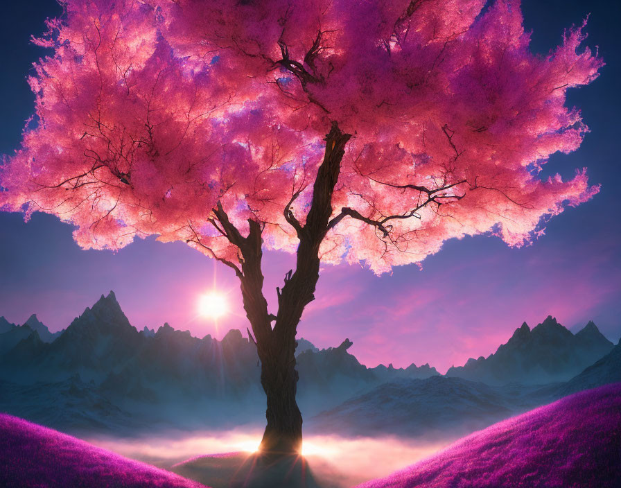 Colorful pink tree in purple landscape with sunset and mountains