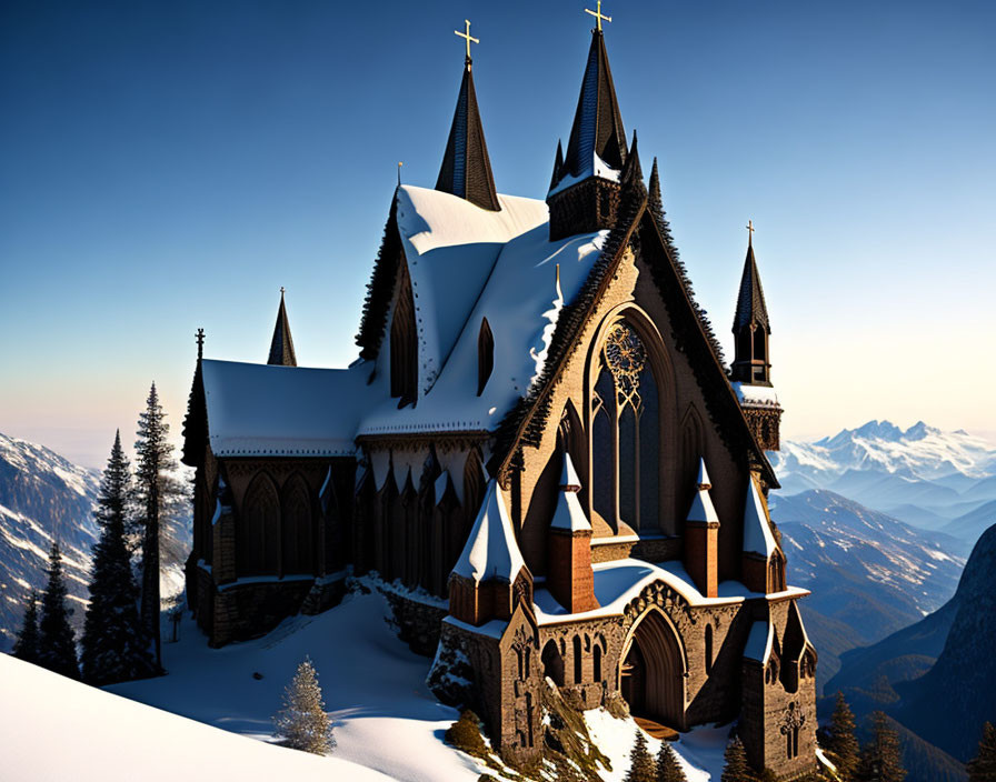 Gothic-style church with steeples in snow-covered mountain landscape at sunset or sunrise