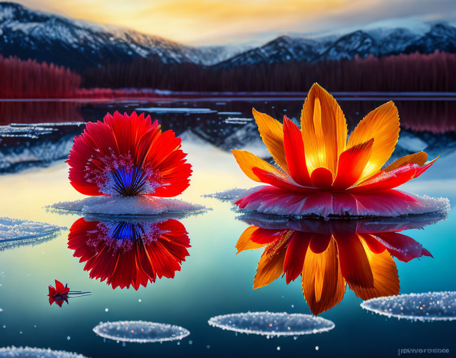 Vibrant flowers on calm lake with ice patterns, snow mountains, sunset sky