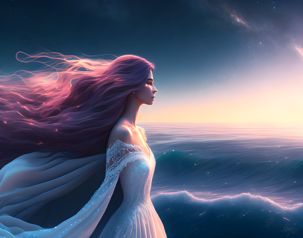 Woman with Long Flowing Hair Overlooking Sea at Sunset: Digital Artwork