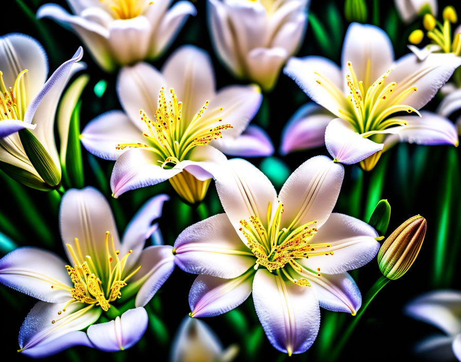 Close-up of blooming lilies with white and purple shades on dark background