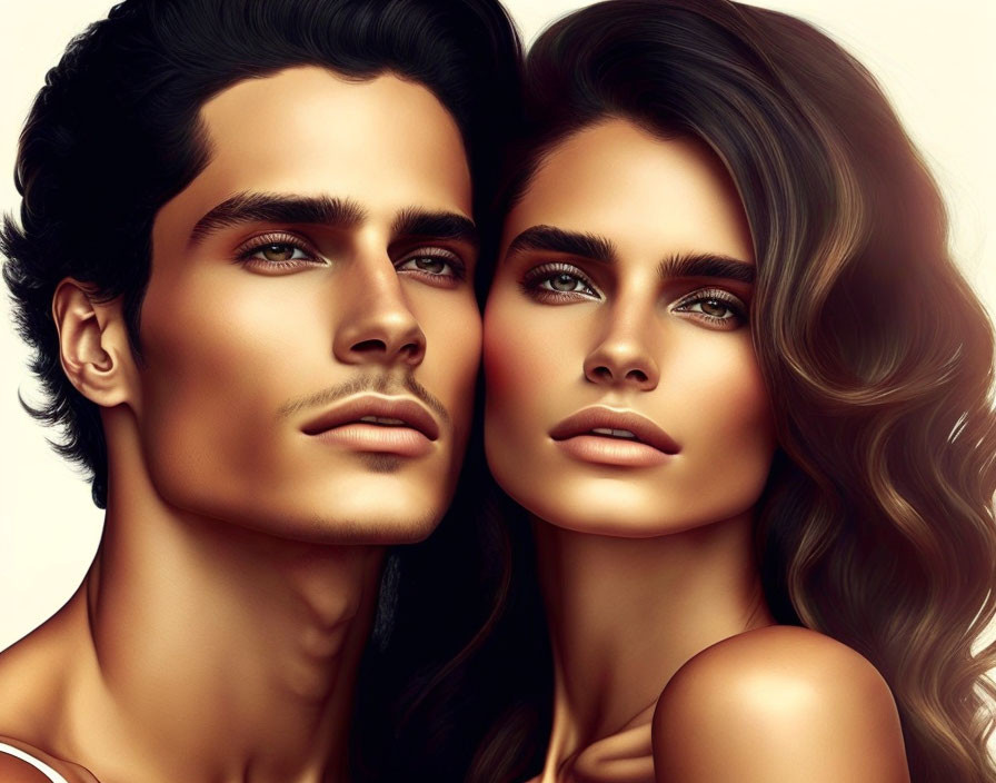 Digital artwork of handsome man and beautiful woman with striking features and lush hair gaze intently.