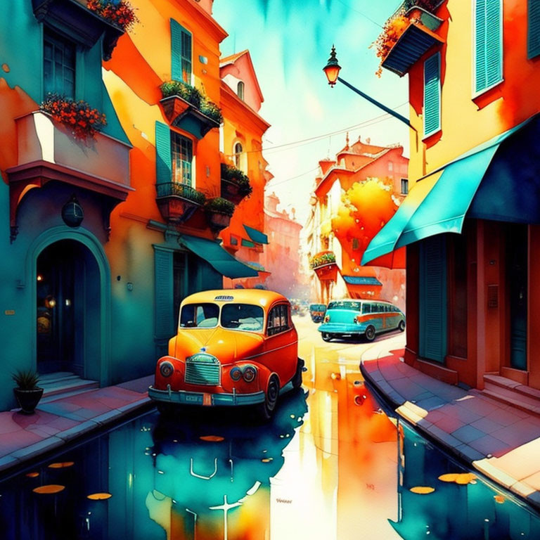 Colorful Retro Cars and Old Buildings in Vibrant Street Scene