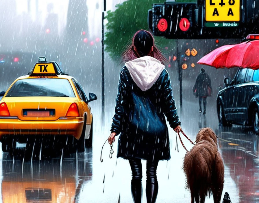 Urban scene: person with dog in rain, city street with cars, traffic lights, umbrella, backpack