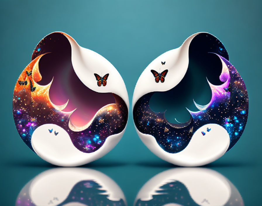 Egg-shaped sculptures with cosmic and butterfly designs on shiny teal background