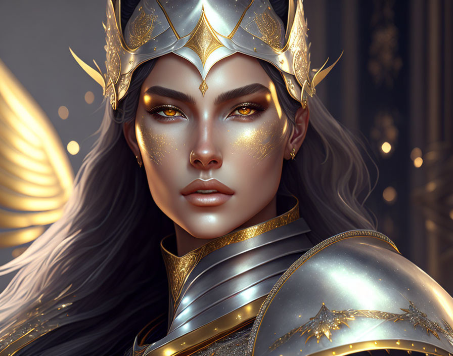 Female warrior in golden armor and winged helmet with intricate designs, displaying a stern yet majestic gaze