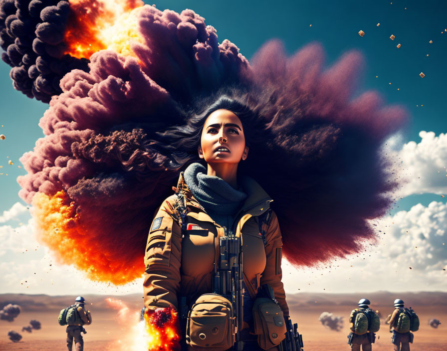 Woman in jacket in desert with fiery explosion and soldiers walking.