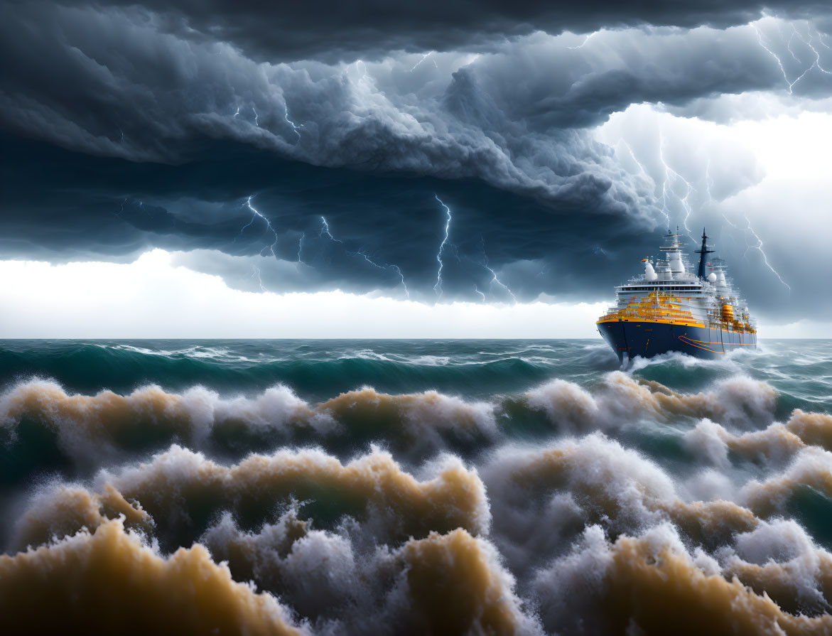 Stormy seas with lightning strikes: Ship sailing bravely.