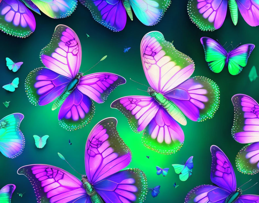 Colorful Digital Artwork of Luminous Butterflies in Magical Setting