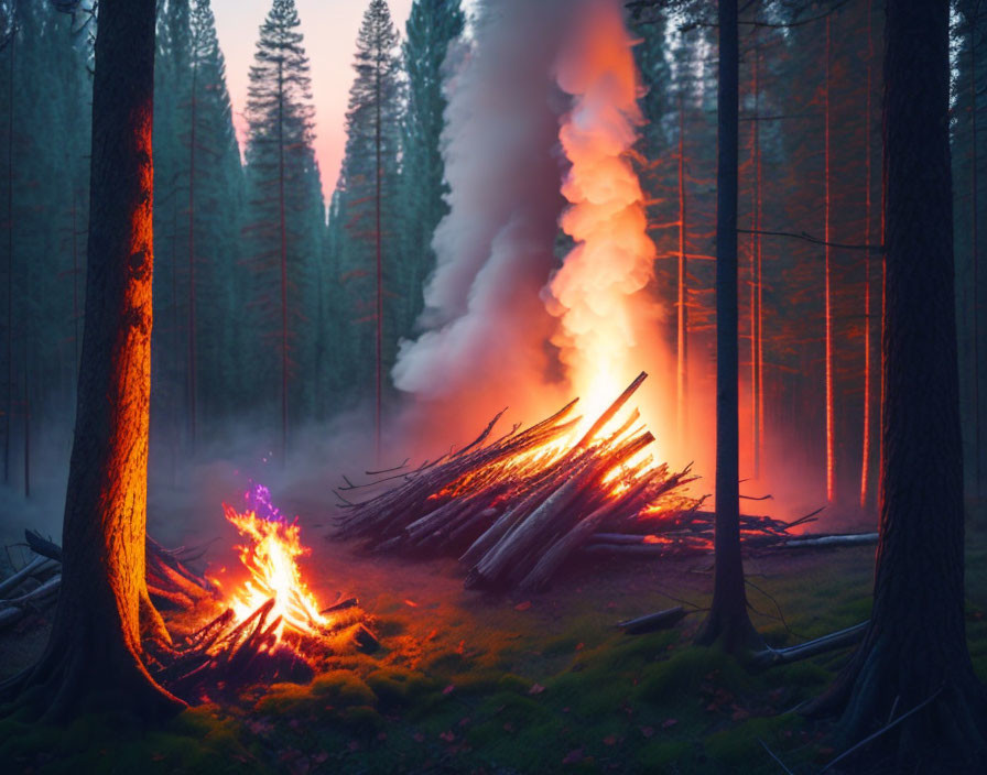 Brightly burning bonfire and campfire in forest at dusk with rising smoke.