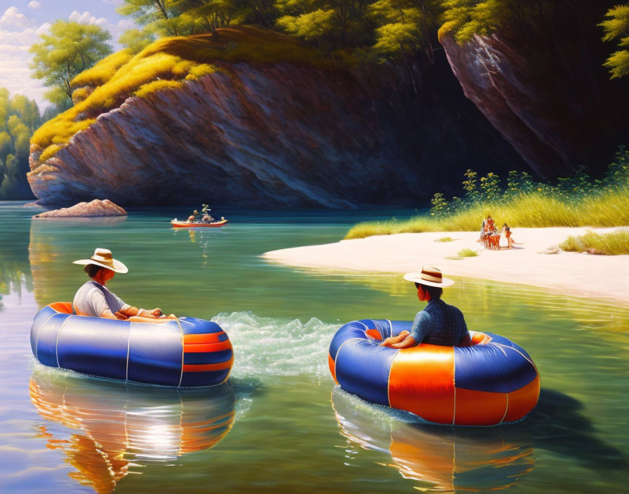 Tranquil river scene with floating people, kayak, and lush surroundings