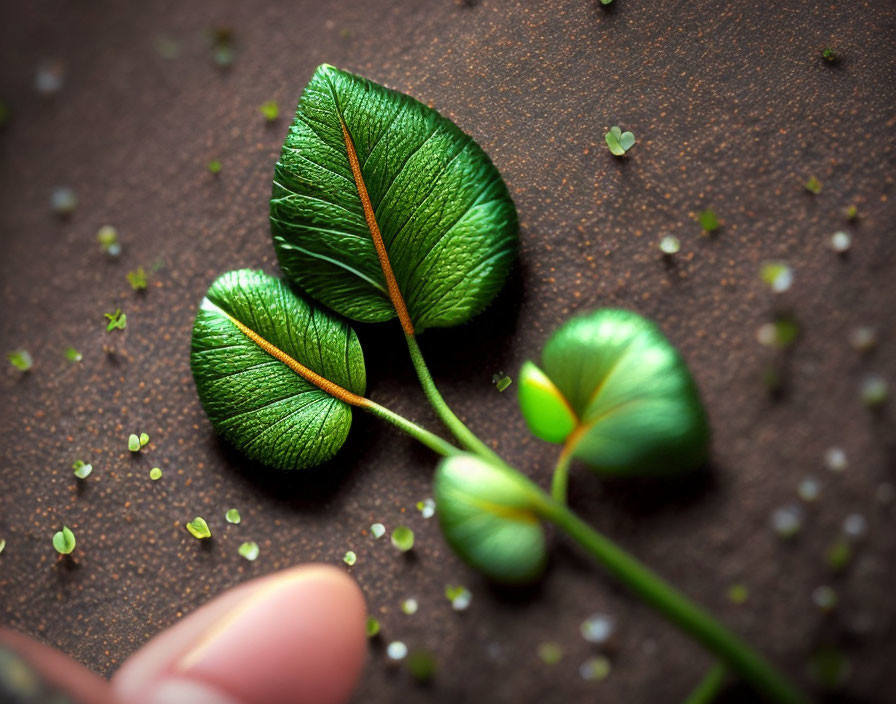 Clover leaves with vein pattern on textured surface and green particles, human fingertip visible.