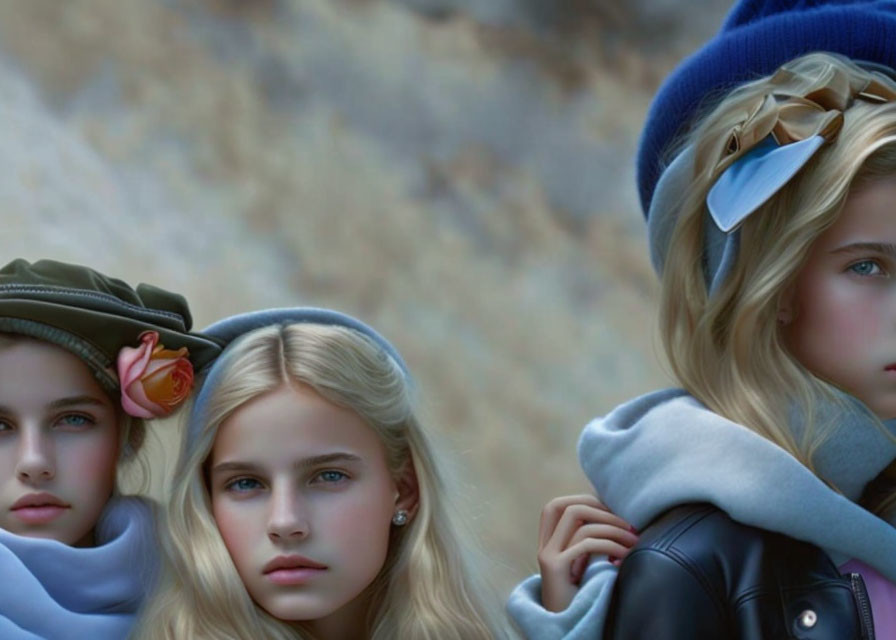 Three girls with blue eyes in stylish hats and scarves, one with a rose adornment