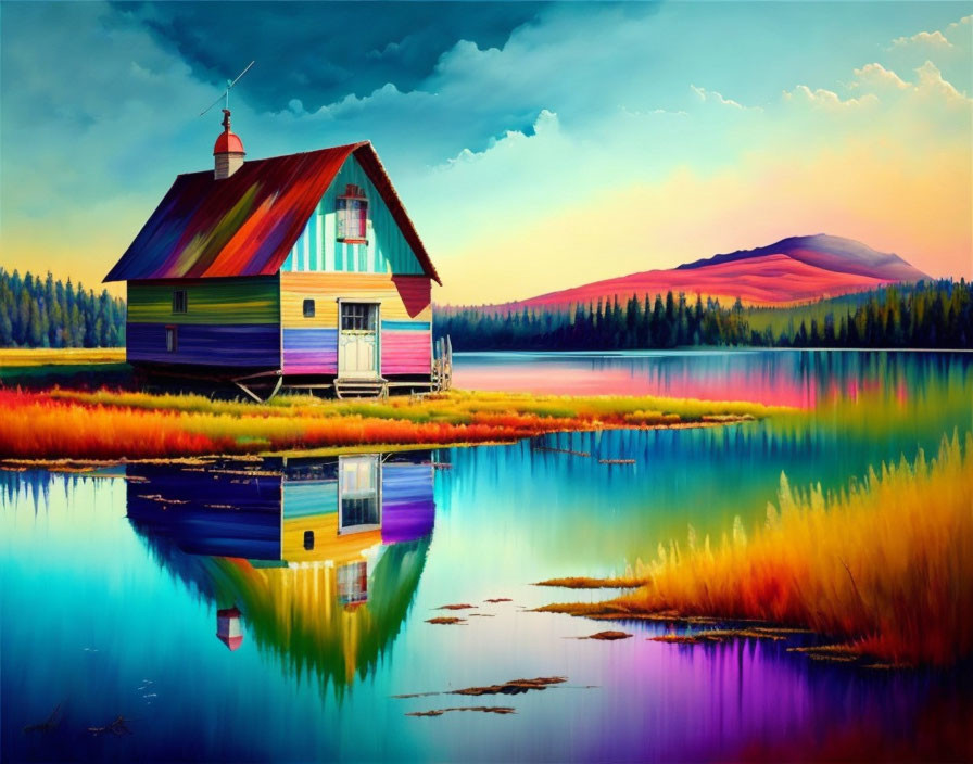 Colorful Cabin Painting by Lake with Sunset Sky