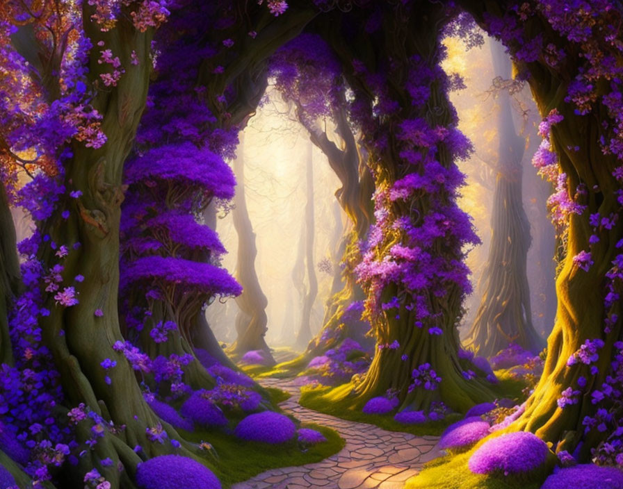 Enchanting forest scene with stone path and purple foliage