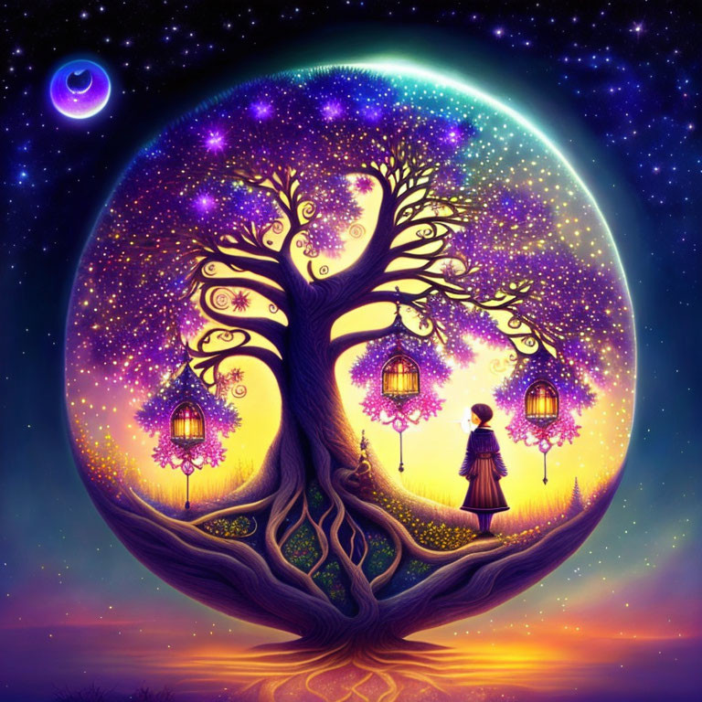 Colorful Illustration of Person under Fantasy Tree with Lanterns