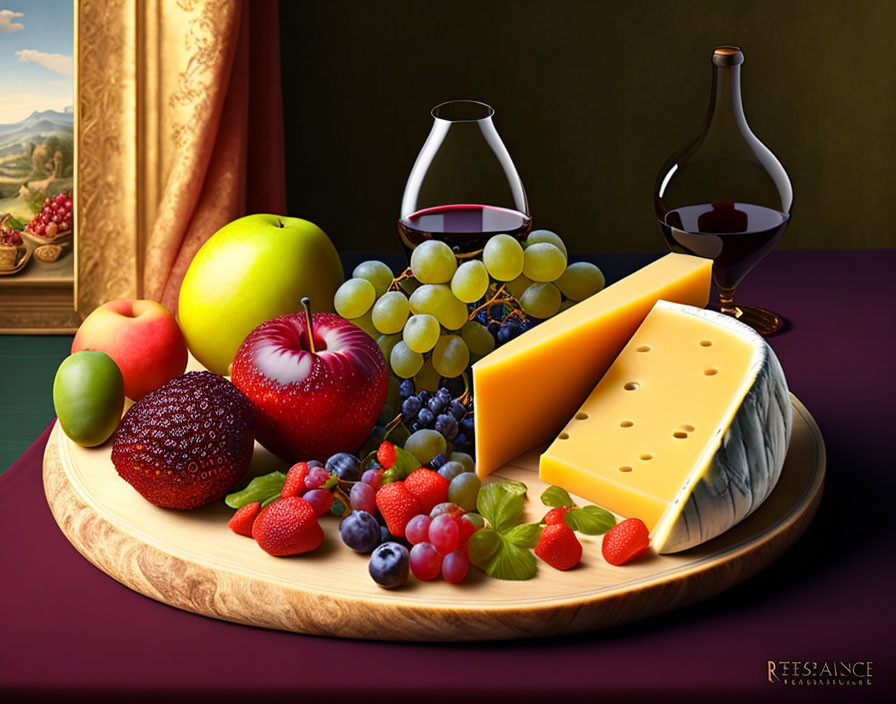 Assorted cheeses, fruits, and red wine on wooden board with painting in background