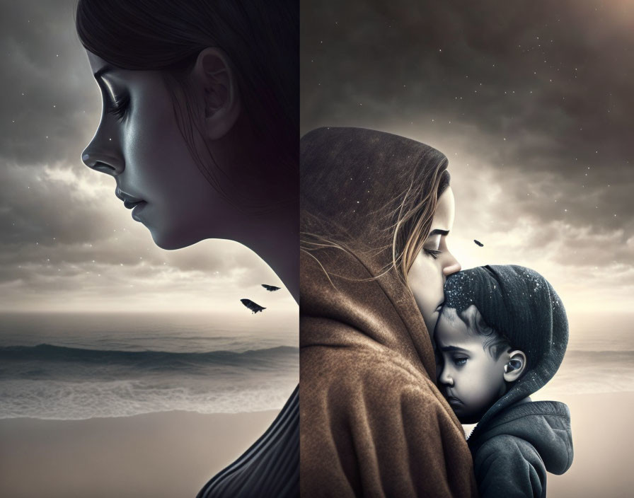 Split image: Woman's serene profile & mother comforting child against ocean & starry sky.