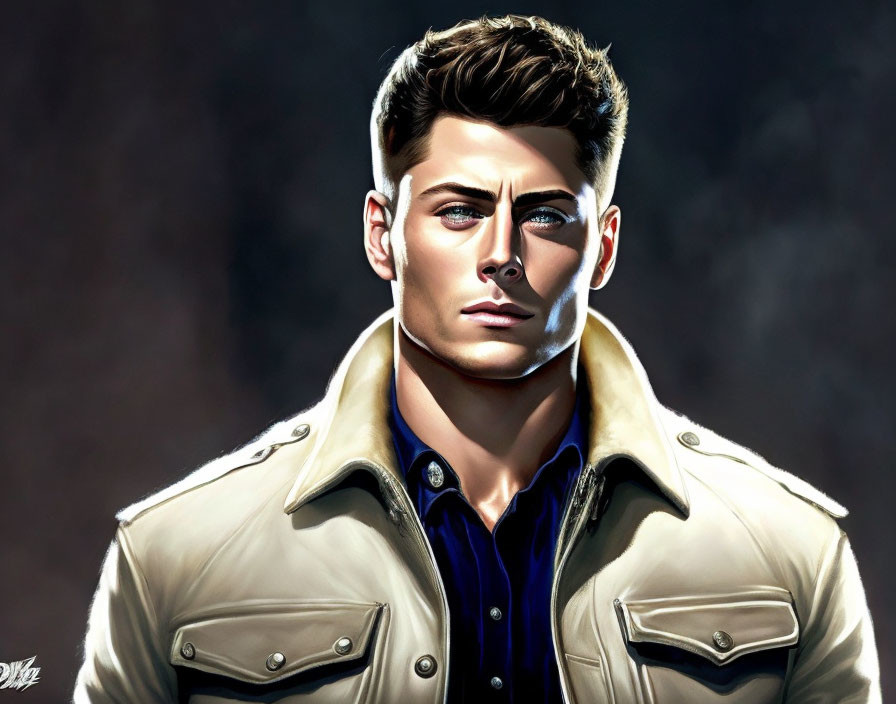 Stylized man in beige jacket on dark background