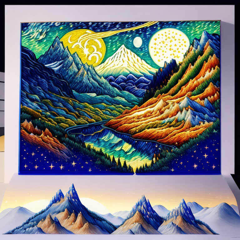 Mountainous Landscape Painting: Night Sky, Crescent Moon, Colorful Valley