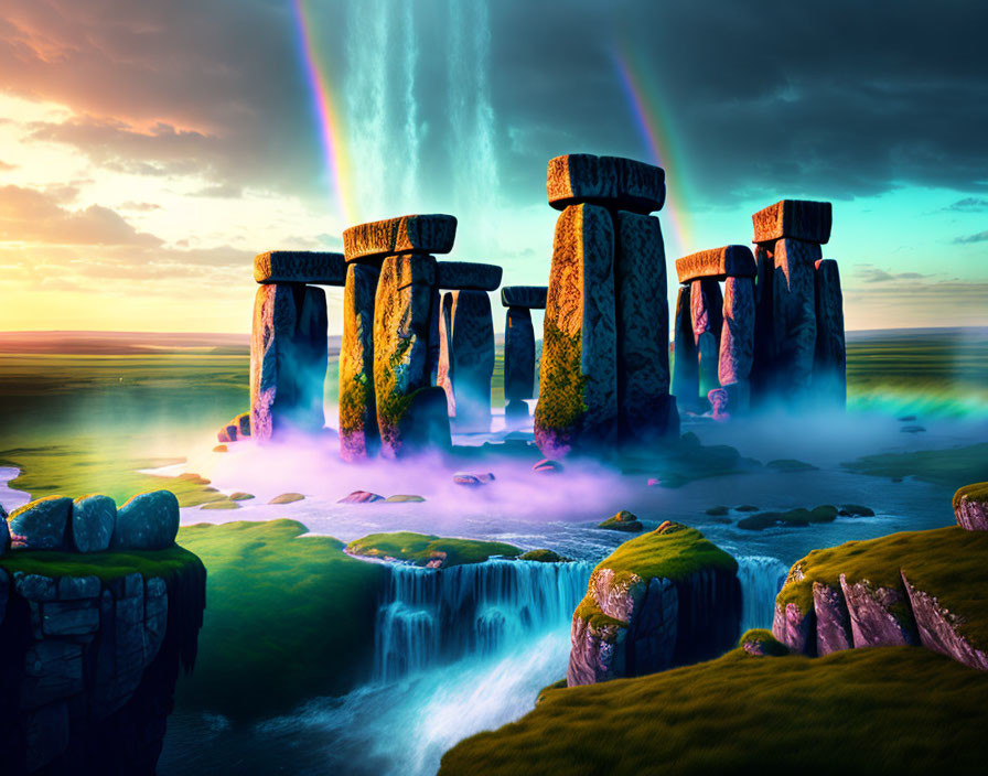 Mystical Stonehenge with rainbows, waterfall, and sunset glow