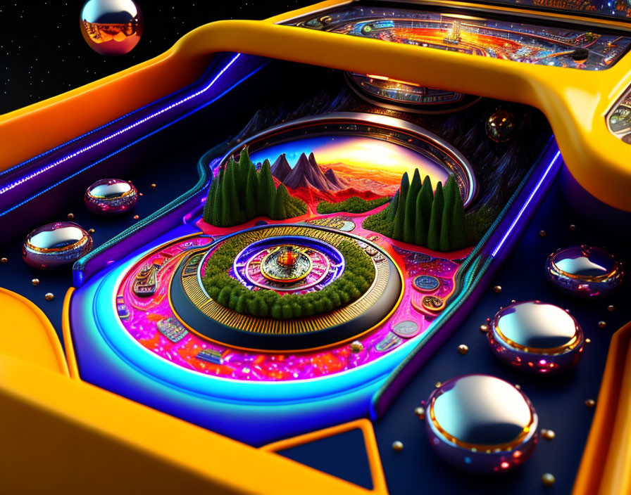 Colorful surreal pinball machine with fantasy landscape and maze structure