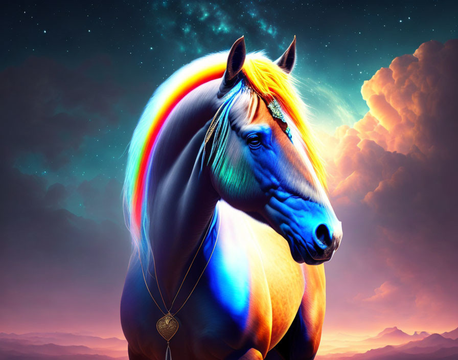 Colorful horse digital artwork with blue coat and rainbow mane in twilight mountain scene