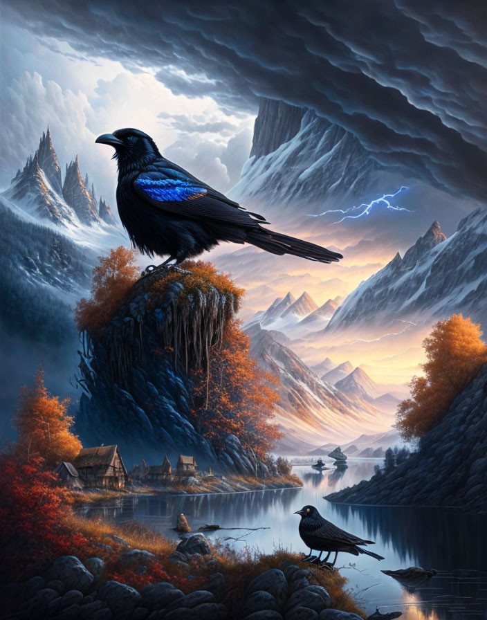 Detailed artwork: black raven on branch, autumn landscape with mountains and lake