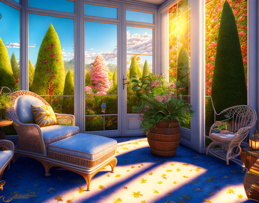 Sunlit Room with Armchair, Sofa, Plant & Garden View