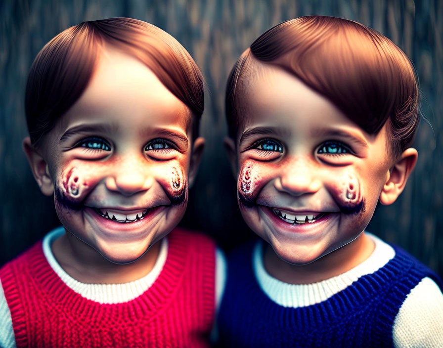 Smiling children with cat face paint on wooden background