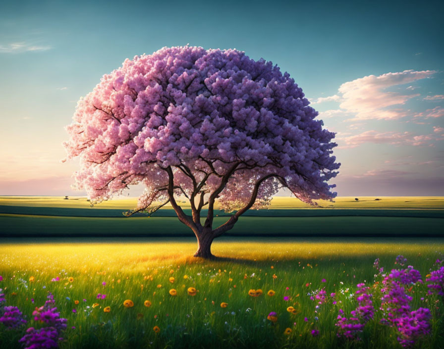 Colorful blooming tree in vibrant field with flowers under clear sky