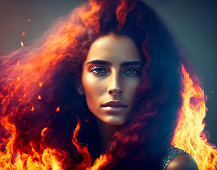 Fiery red-haired woman with striking blue eyes against smoky background