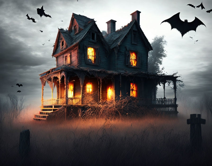 Abandoned house in dense fog with bats and grave cross