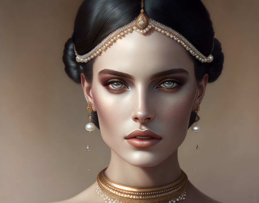 Elegant digital portrait of a woman with pearl jewelry and intricate makeup