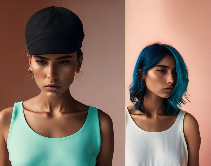 Dual-tone background portraits of a woman with black cap and hoop earrings, and blue hair with white top