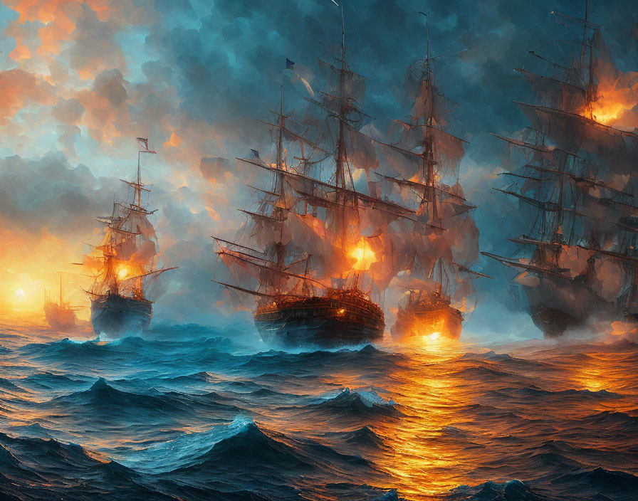 Tall ships with full sails in fiery sunset on tumultuous seas