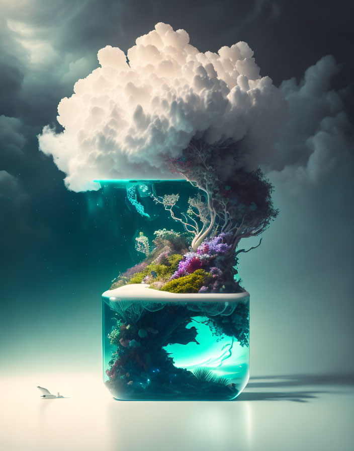 Aquarium with miniature ecosystem blending into sky scene