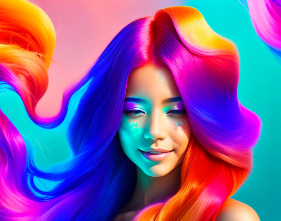 Rainbow-haired woman smiling against vibrant backdrop