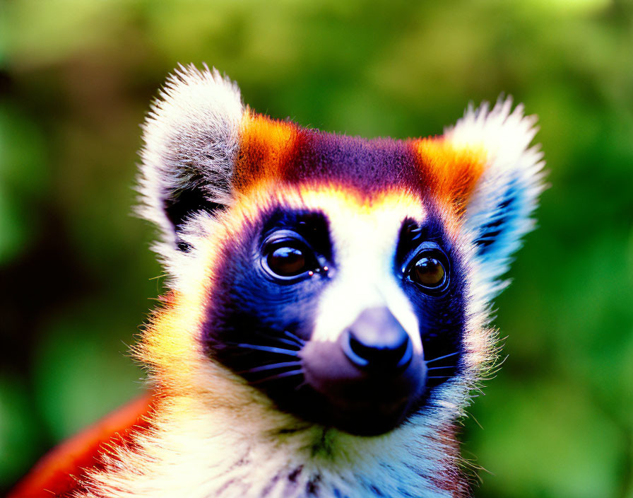 Red panda with unique facial markings and sharp ears on green background.