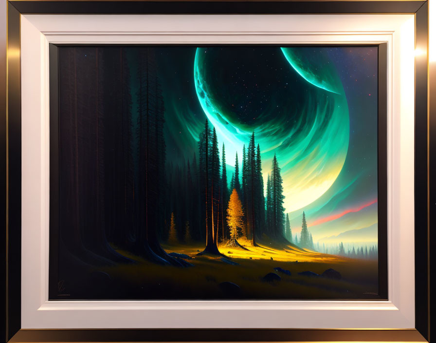 Vibrant night scene with swirling aurora and glowing light in forest