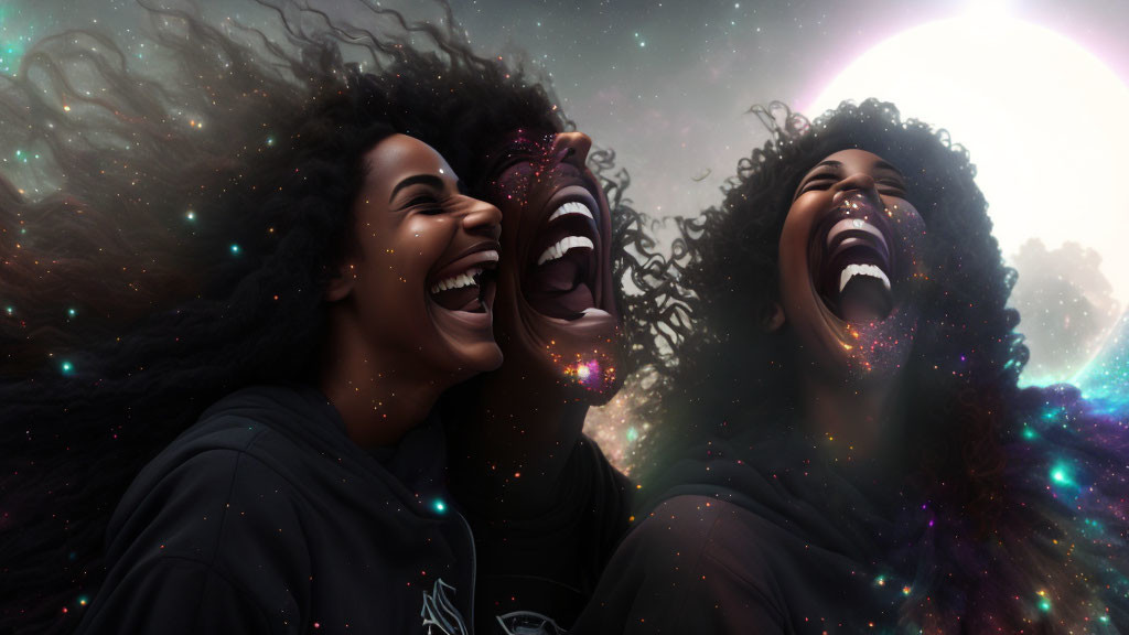 Three women with cosmic-themed hair and skin laughing joyfully in front of a nebula and bright celestial