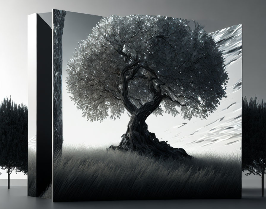 Monochromatic twisted tree on split canvas with silhouetted background