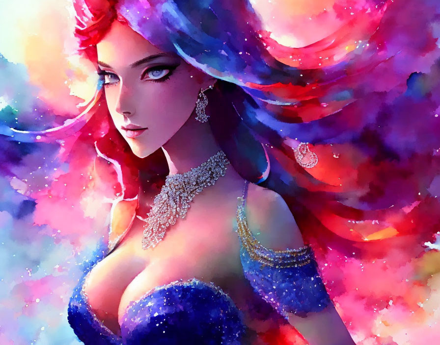 Colorful Illustration: Woman with Flowing Hair and Cosmic Energy