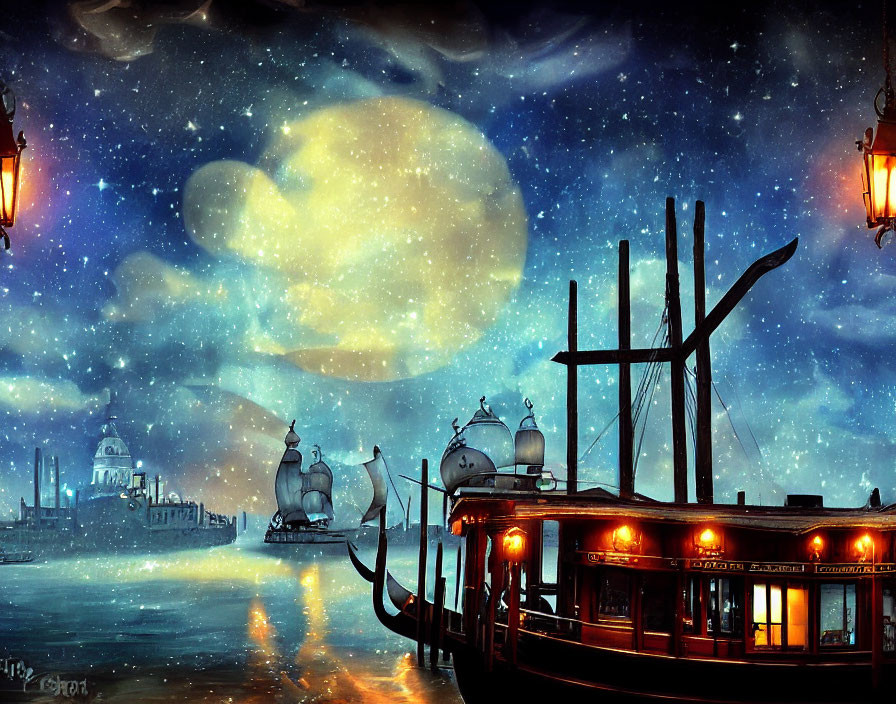 Fantasy Nocturnal Port Scene with Moon, Stars, Vintage Ships, and Glowing Lights